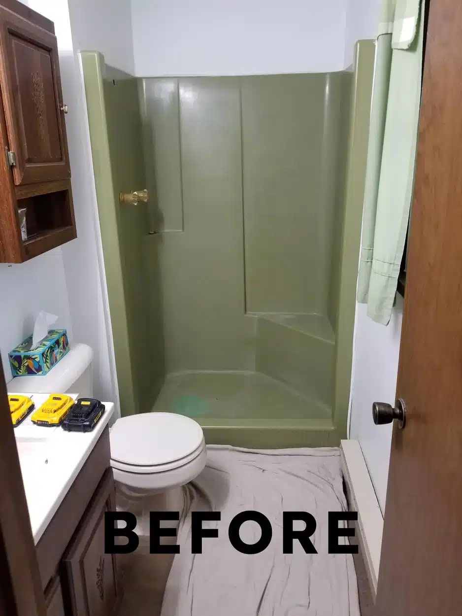 Before Shower remodel in residential bathroom in Dayton, OH.